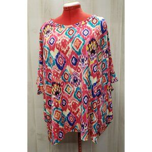 Dear Scarlett Dolman Sleeve Top XL, Pink w Multicolor Diamond Pattern scoop neck